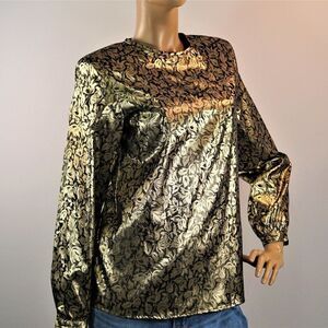 Vintage Claude Bennett Holiday Blouse Long Sleeve Floral Gold Metallic Top Sz 6